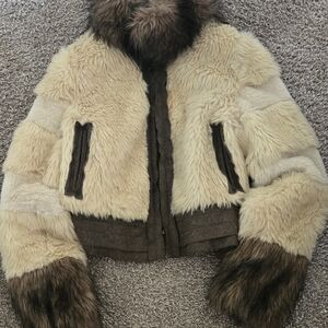 Jessica Simpson Cream Teddy Bomber Jacket with Brown Trim